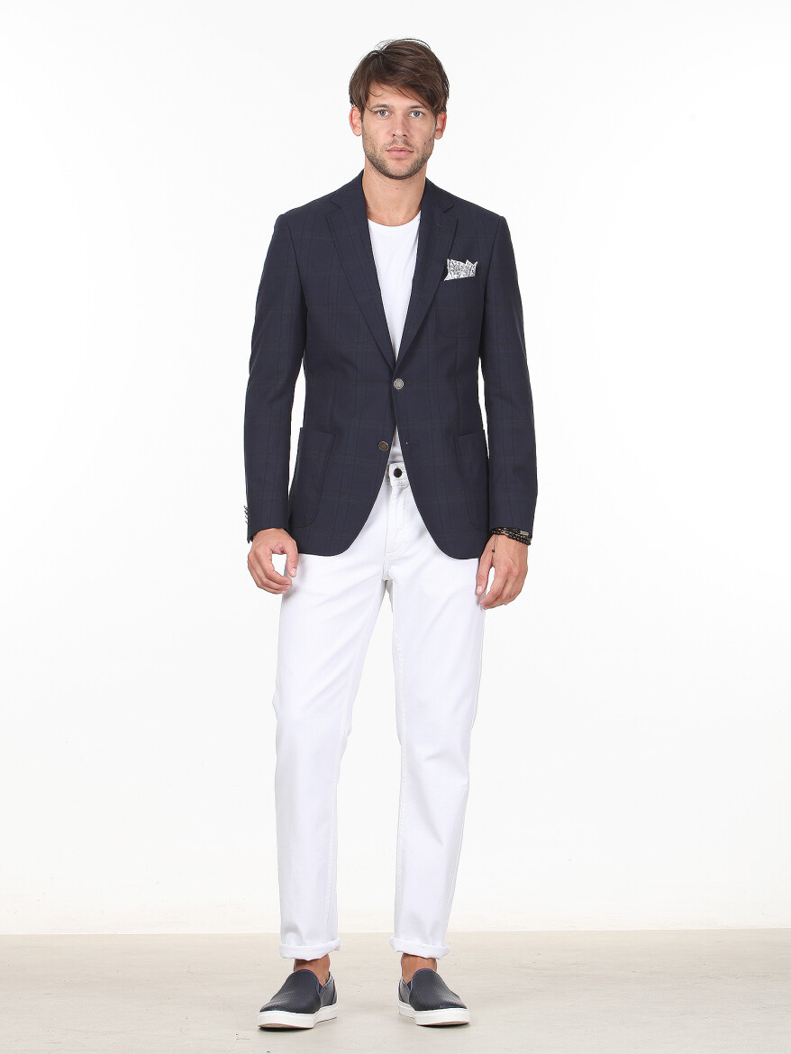 Lacivert Kareli Modern Fit Pamuk Karışımlı Ceket - 3