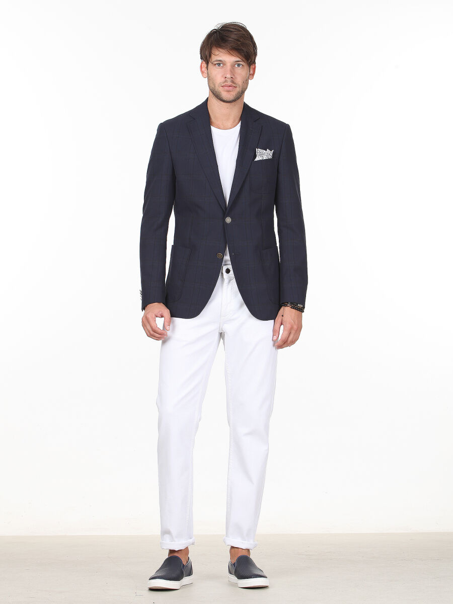 Lacivert Kareli Modern Fit Pamuk Karışımlı Ceket - 3