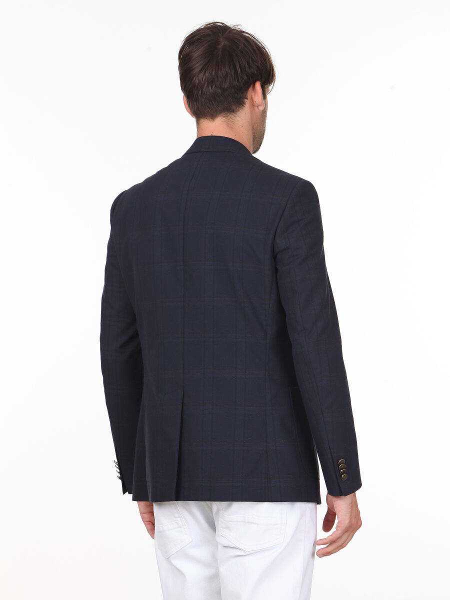 Lacivert Kareli Modern Fit Pamuk Karışımlı Ceket - 4