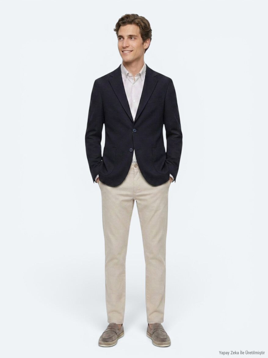 Lacivert Kareli Modern Fit Pamuk Karışımlı Örme Ceket - 2