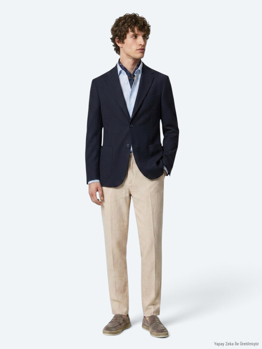 Lacivert Kareli Modern Fit Pamuk Karışımlı Örme Ceket - KİP