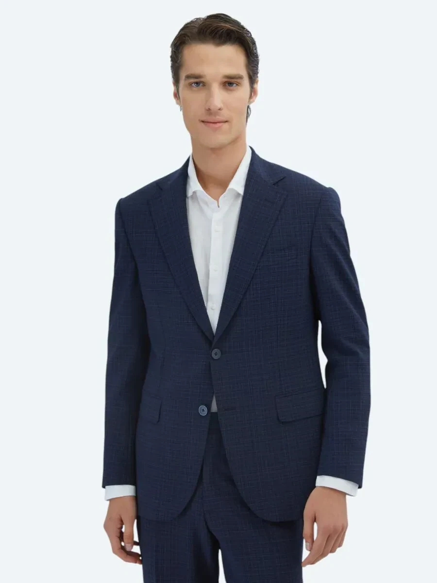 Lacivert Kareli Modern Fit Yün Karışımlı Takım Elbise - 1