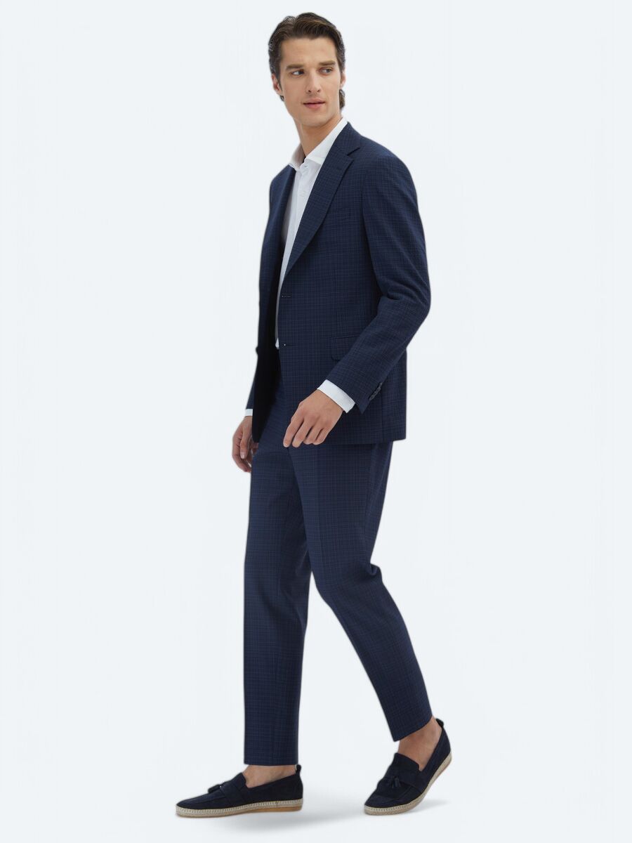 Lacivert Kareli Modern Fit Yün Karışımlı Takım Elbise - 3