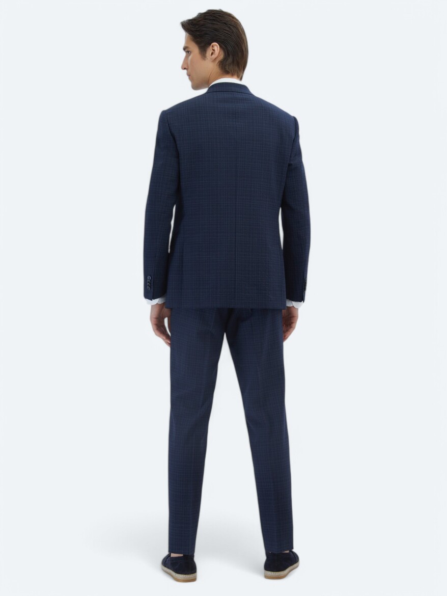 Lacivert Kareli Modern Fit Yün Karışımlı Takım Elbise - 5