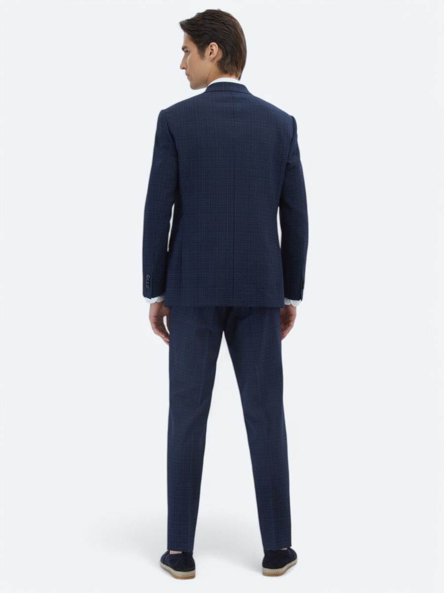 Lacivert Kareli Modern Fit Yün Karışımlı Takım Elbise - 5