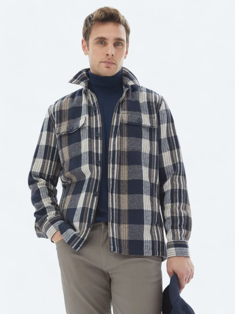 Lacivert Kareli Regular Fit Dokuma Yün Karışımlı Overshırt - 1