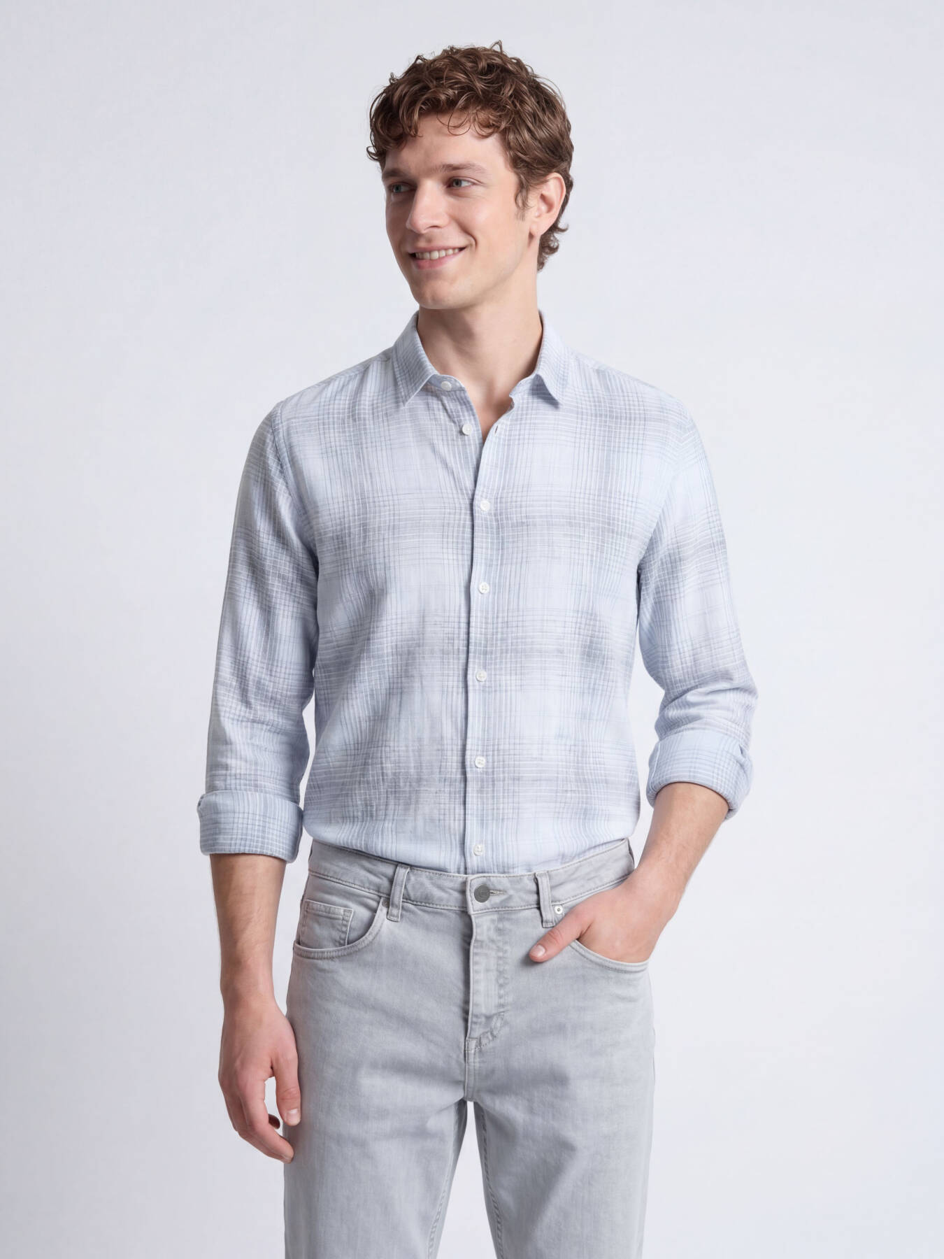 Lacivert Kareli Regular Fit Uzun Dokuma Casual Pamuk Karışımlı Gömlek