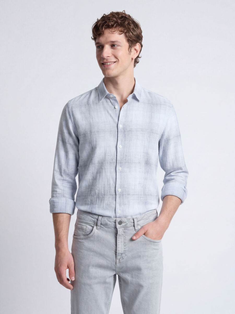 Lacivert Kareli Regular Fit Uzun Dokuma Casual Pamuk Karışımlı Gömlek - 1