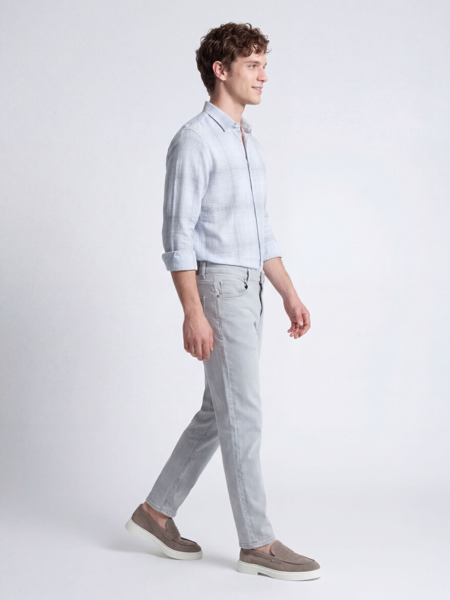 Lacivert Kareli Regular Fit Uzun Dokuma Casual Pamuk Karışımlı Gömlek - 3