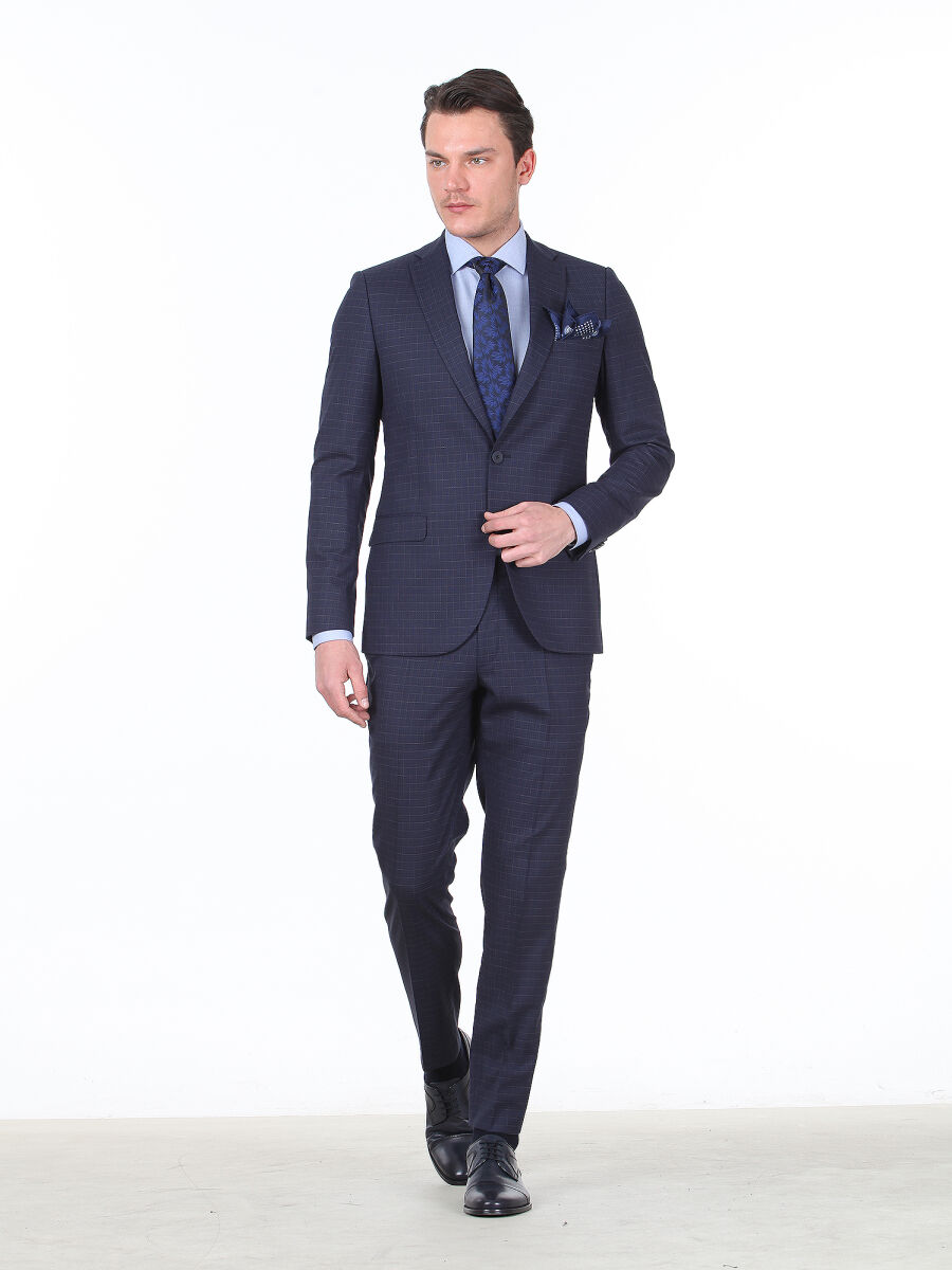 Lacivert Kareli Slim Fit Yün Karışımlı Takım Elbise - 2