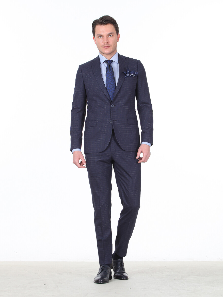 Lacivert Kareli Slim Fit Yün Karışımlı Takım Elbise - 3