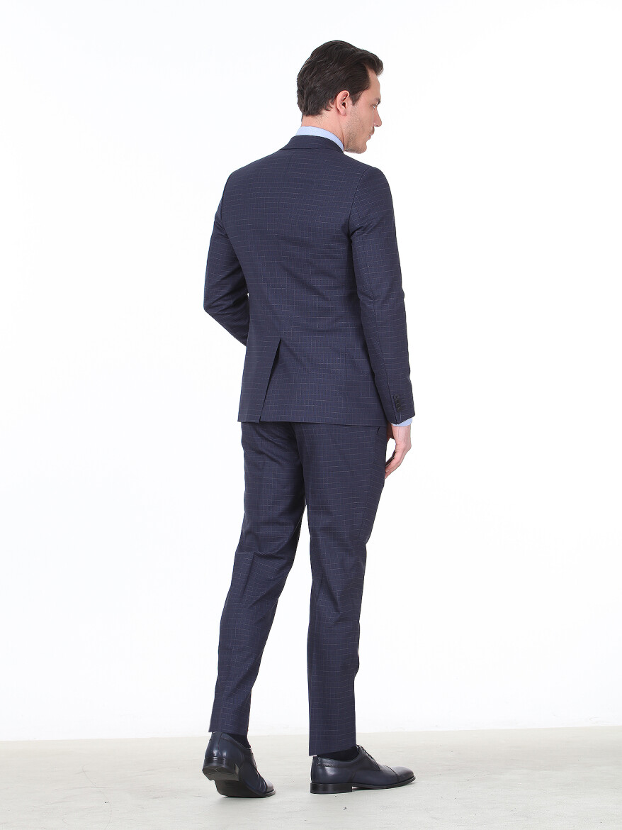 Lacivert Kareli Slim Fit Yün Karışımlı Takım Elbise - 4