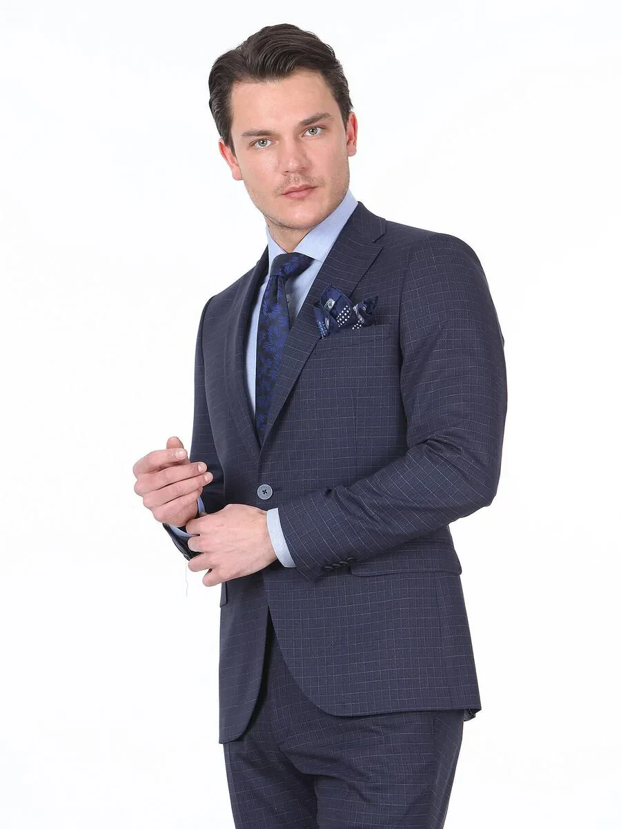 Lacivert Kareli Slim Fit Yün Karışımlı Takım Elbise - 1