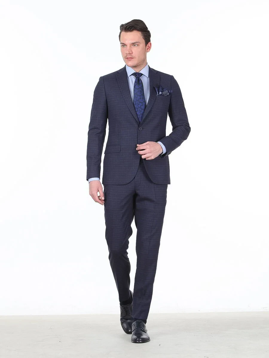 Lacivert Kareli Slim Fit Yün Karışımlı Takım Elbise - 2