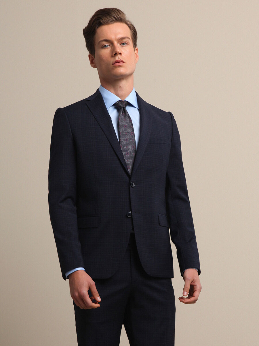 Lacivert Kareli Slim Fit Yün Karışımlı Takım Elbise - 1