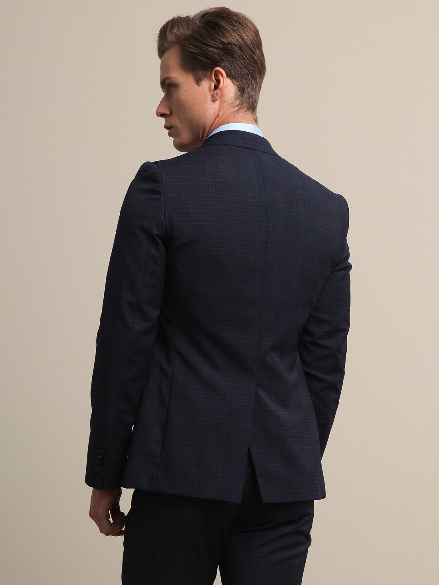 Lacivert Kareli Slim Fit Yün Karışımlı Takım Elbise - 4