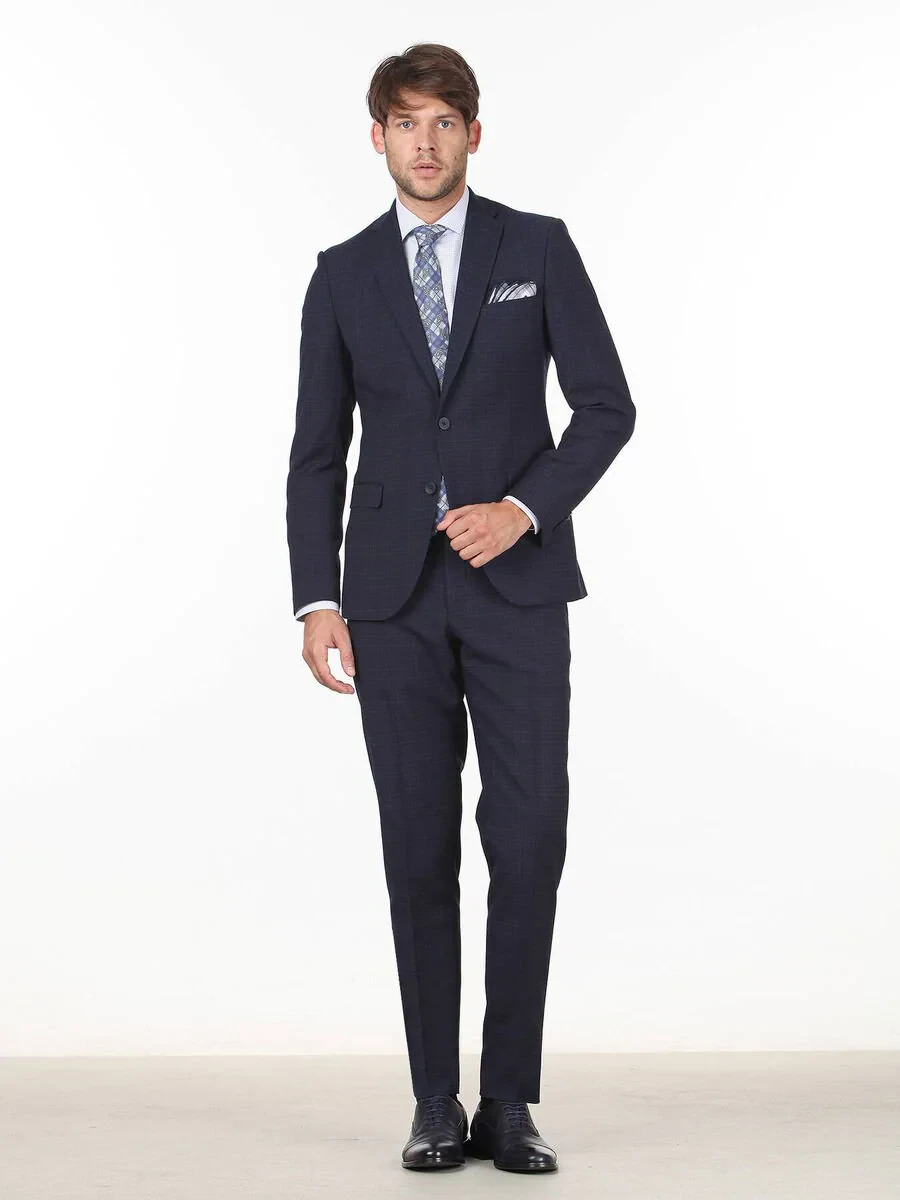 Lacivert Kareli Slim Fit Yün Karışımlı Takım Elbise - 3