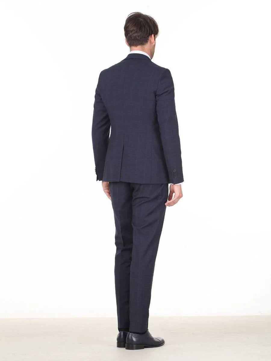Lacivert Kareli Slim Fit Yün Karışımlı Takım Elbise - 4
