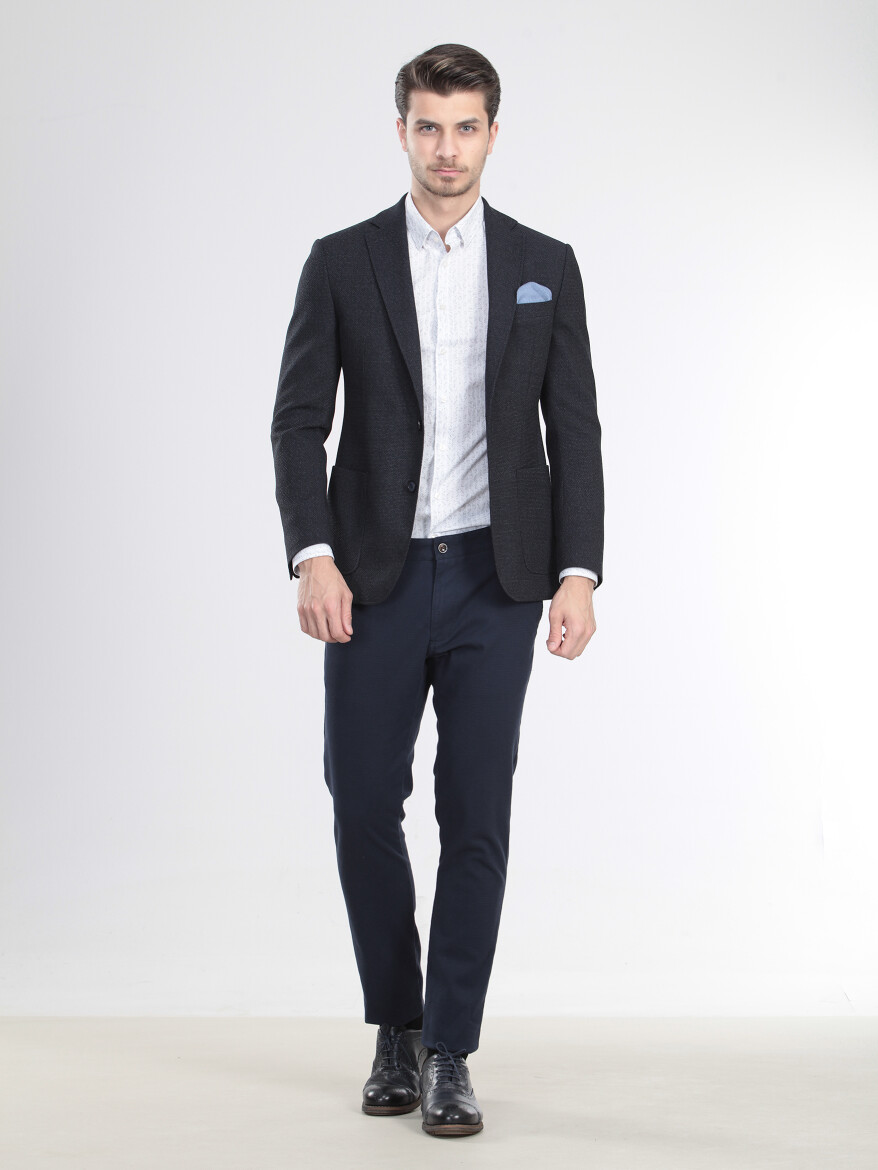Lacivert Mikro Fitted Fit Yün Karışımlı Ceket - 1
