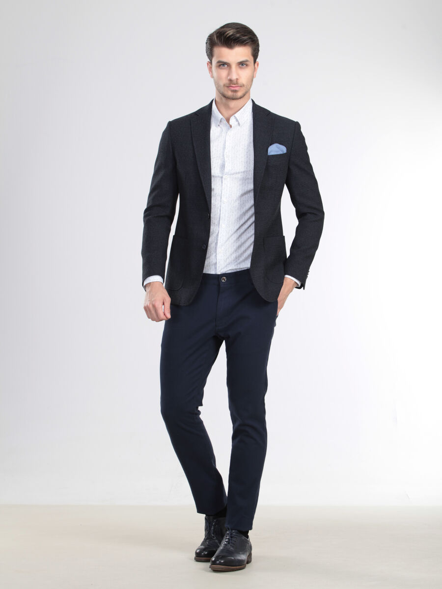 Lacivert Mikro Fitted Fit Yün Karışımlı Ceket - 3