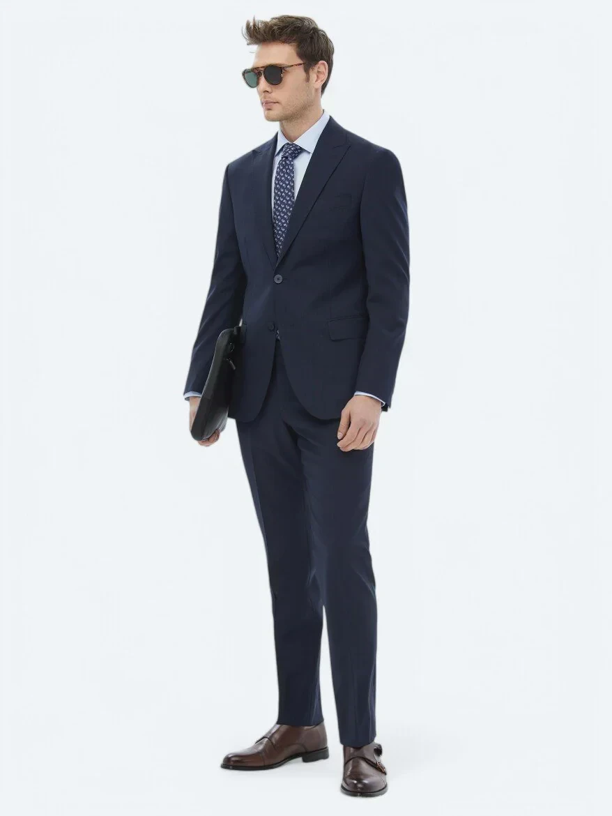 Lacivert Mikro Modern Fit Yün Karışımlı Takım Elbise - 5