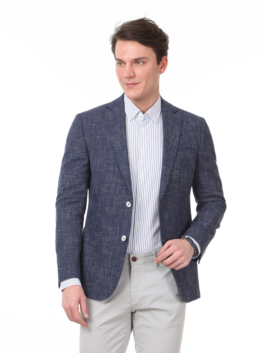 Lacivert Mikro Regular Fit Pamuk Karışımlı Ceket - 1
