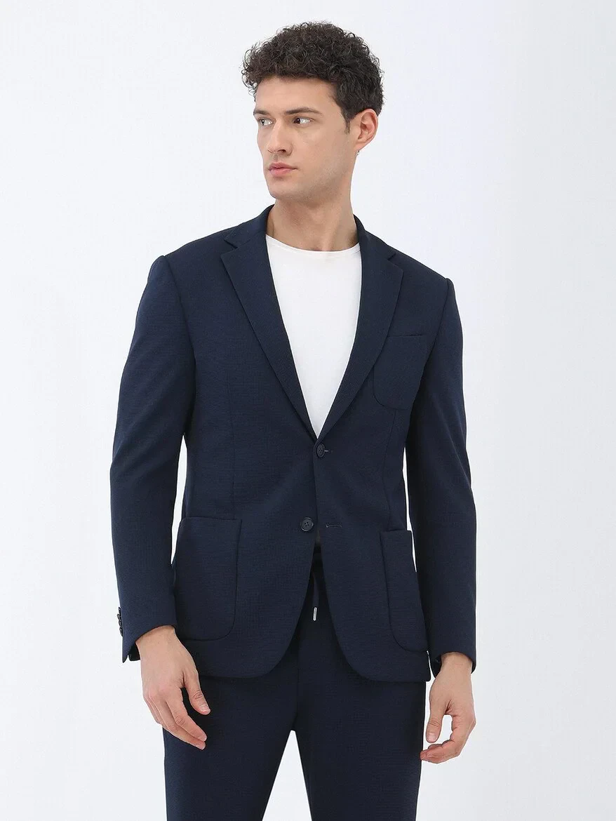 Lacivert Mikro Slim Fit Örme Takım Elbise - 1