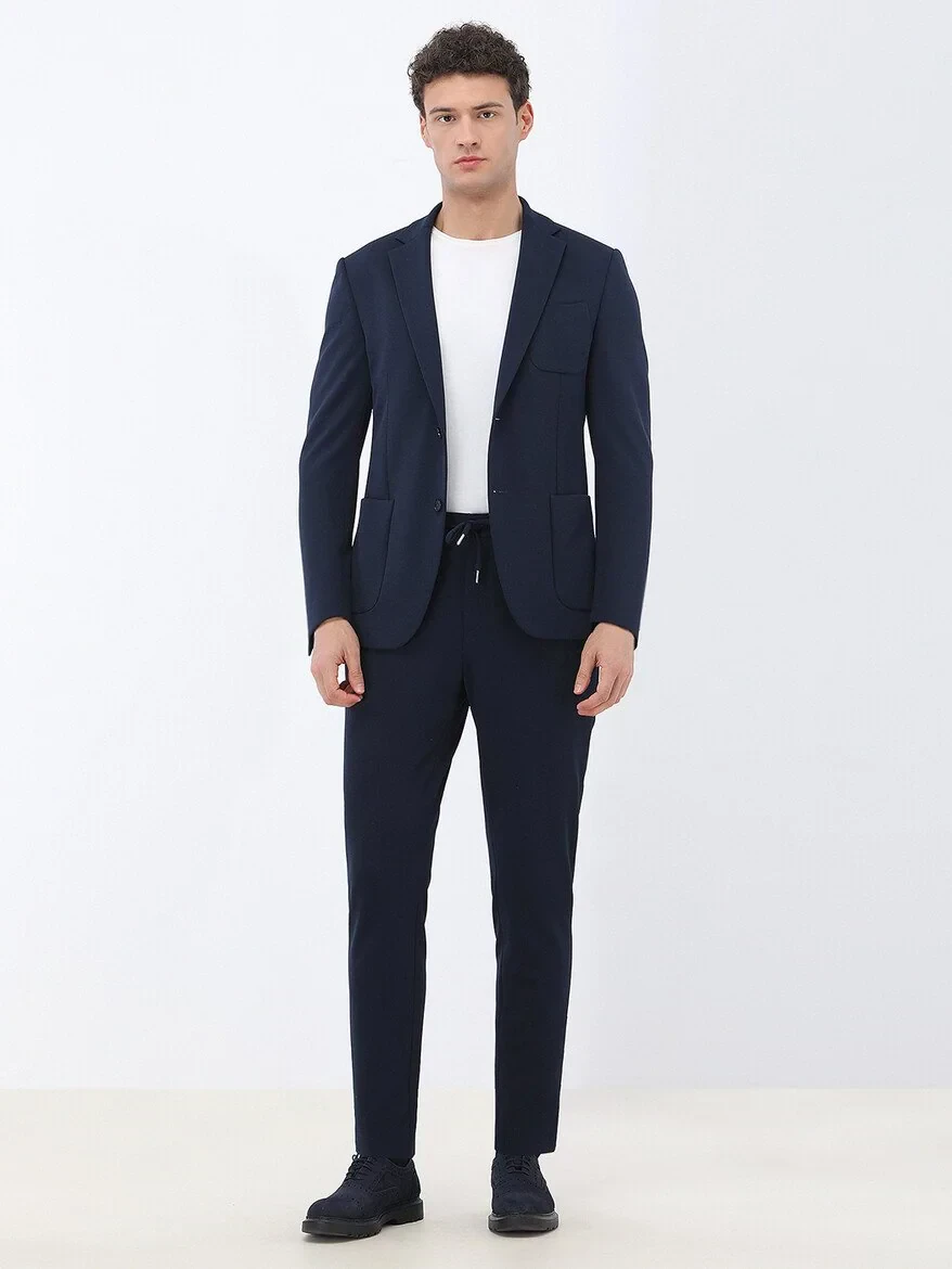 Lacivert Mikro Slim Fit Örme Takım Elbise - 2