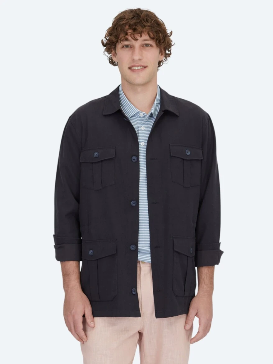 Lacivert Oversize Fit Dokuma Pamuk Karışımlı Overshırt - 1