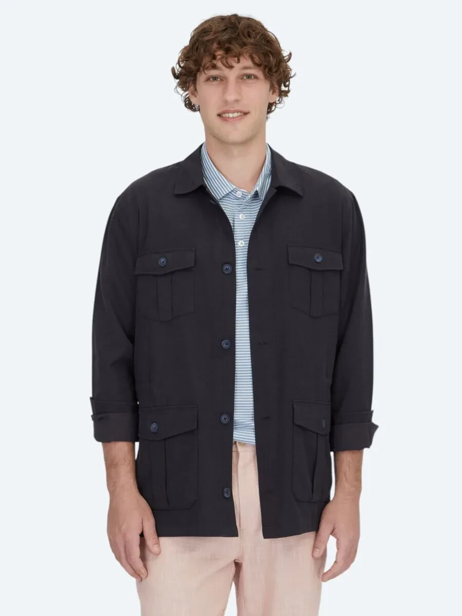 Lacivert Oversize Fit Dokuma Pamuk Karışımlı Overshırt - 1