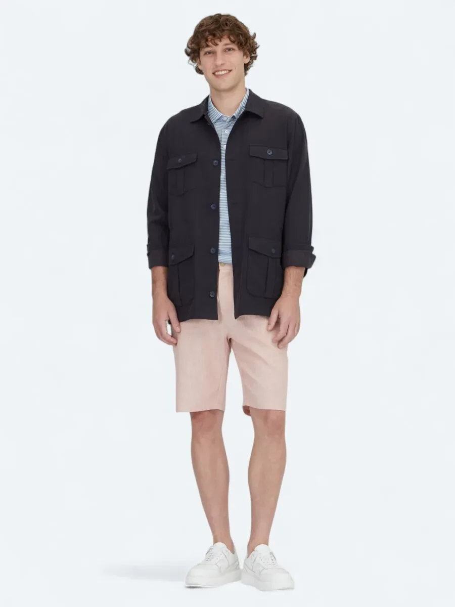 Lacivert Oversize Fit Dokuma Pamuk Karışımlı Overshırt - 2