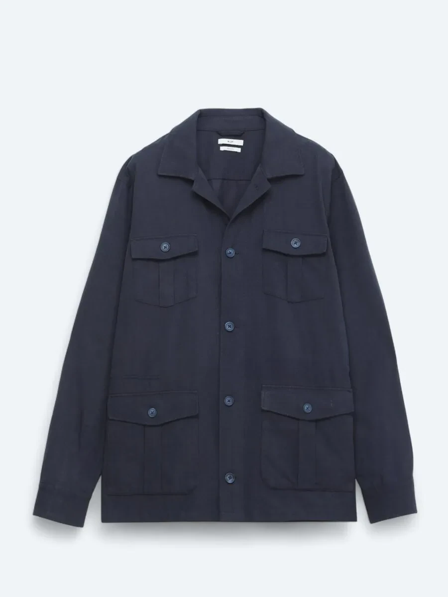 Lacivert Oversize Fit Dokuma Pamuk Karışımlı Overshırt - 8