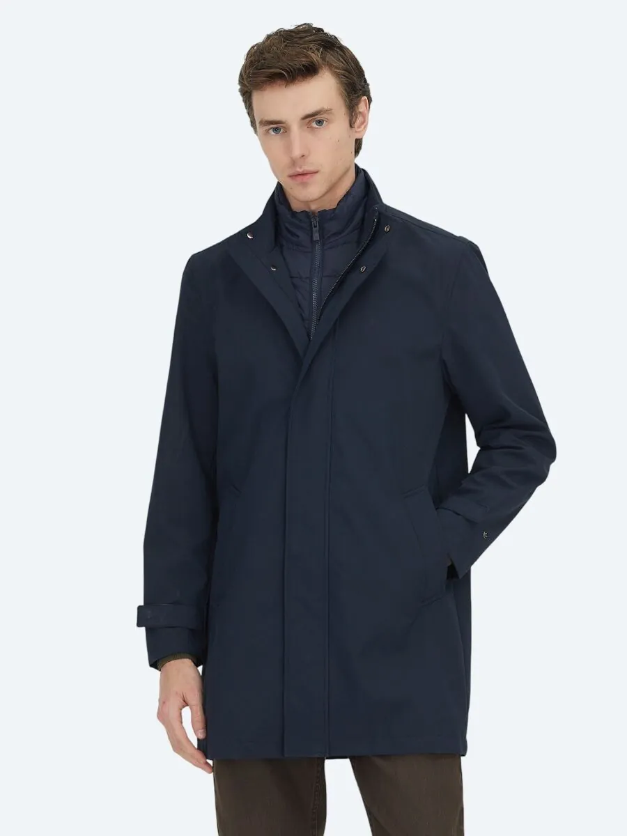 Lacivert Oversize Fit Kruvaze Yaka Casual Dokuma Pardesü - 2