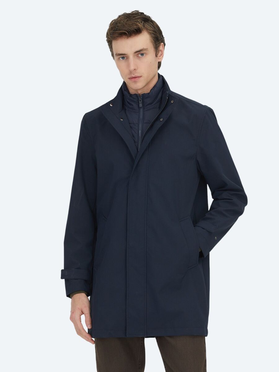 Lacivert Oversize Fit Kruvaze Yaka Casual Dokuma Pardesü - 2