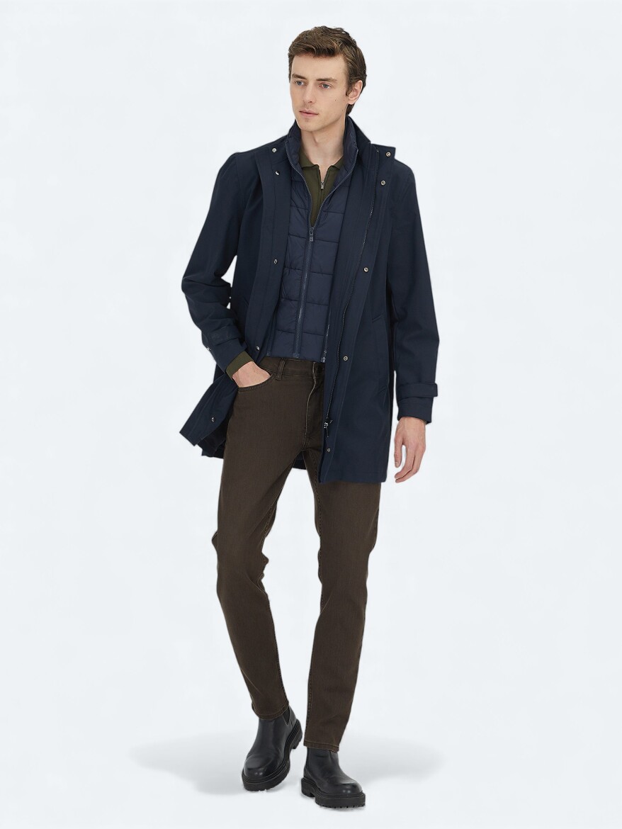 Lacivert Oversize Fit Kruvaze Yaka Casual Dokuma Pardesü - 3