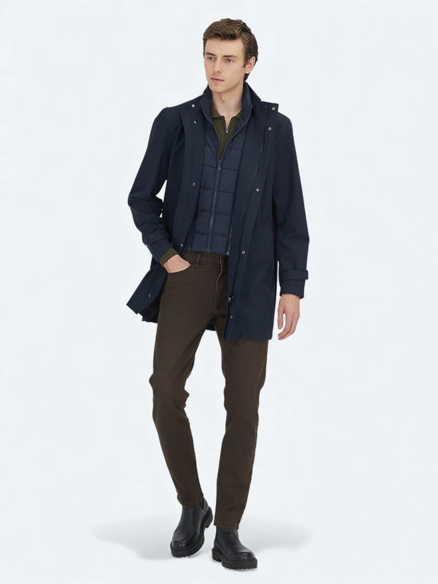 Lacivert Oversize Fit Kruvaze Yaka Casual Dokuma Pardesü - 3