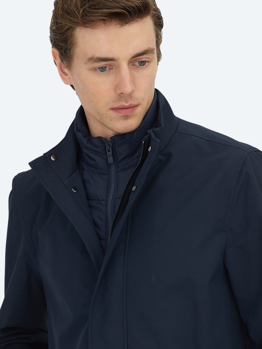 Lacivert Oversize Fit Kruvaze Yaka Casual Dokuma Pardösü - 5