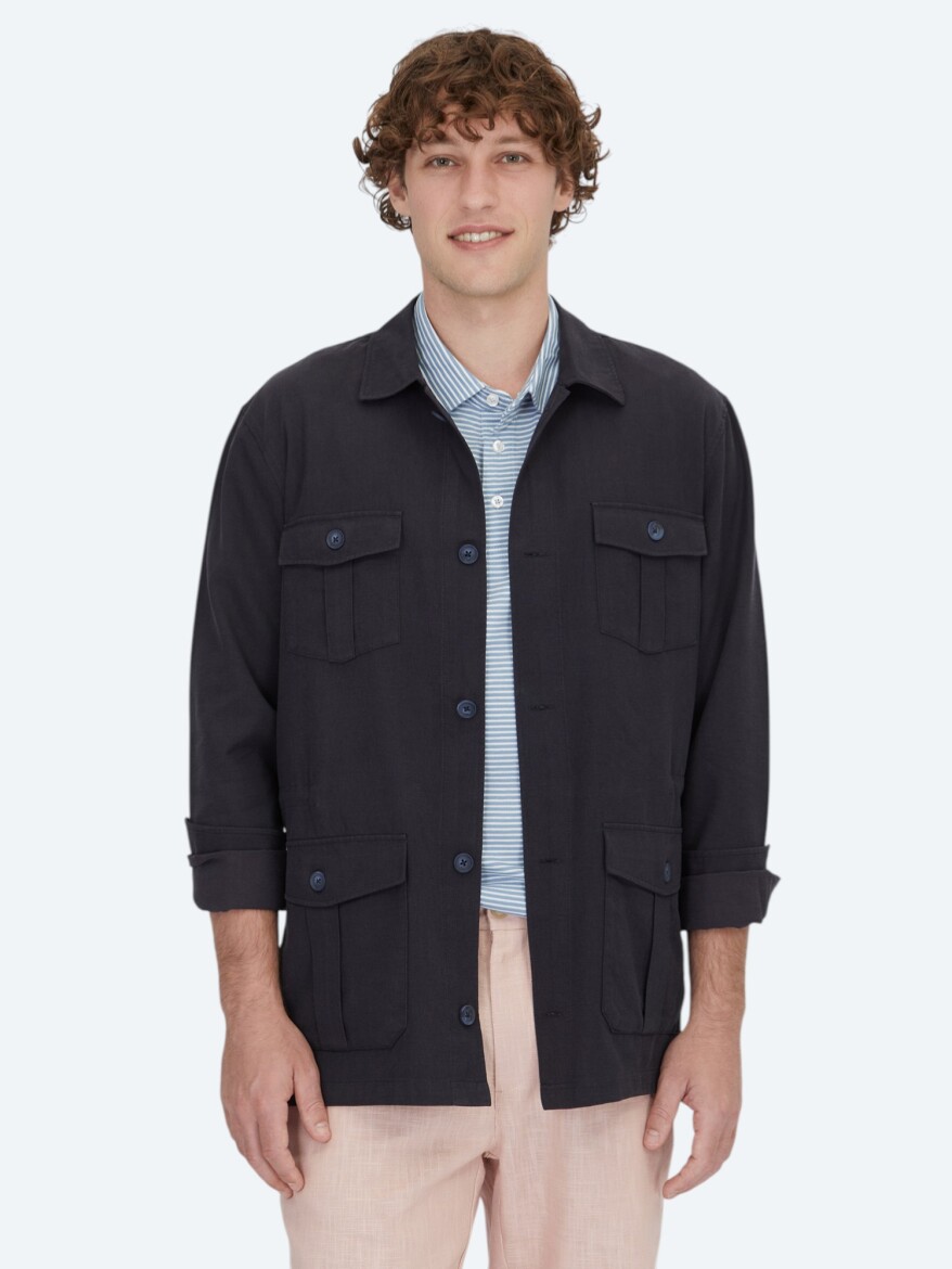 Lacivert Oversize Fit Uzun Dokuma Pamuk Karışımlı Overshırt - KİP