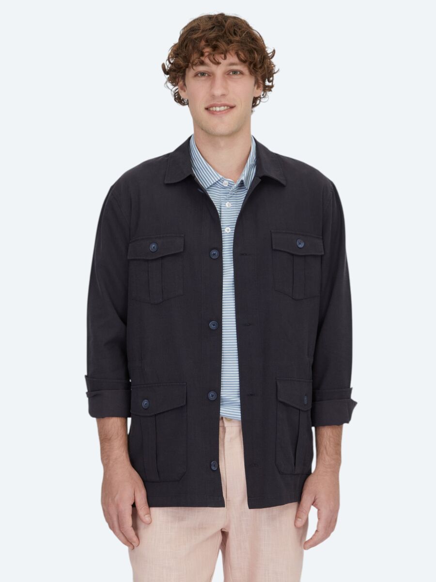 Lacivert Oversize Fit Uzun Dokuma Pamuk Karışımlı Overshırt - 1