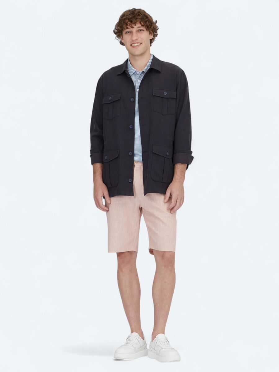 Lacivert Oversize Fit Uzun Dokuma Pamuk Karışımlı Overshırt - 2