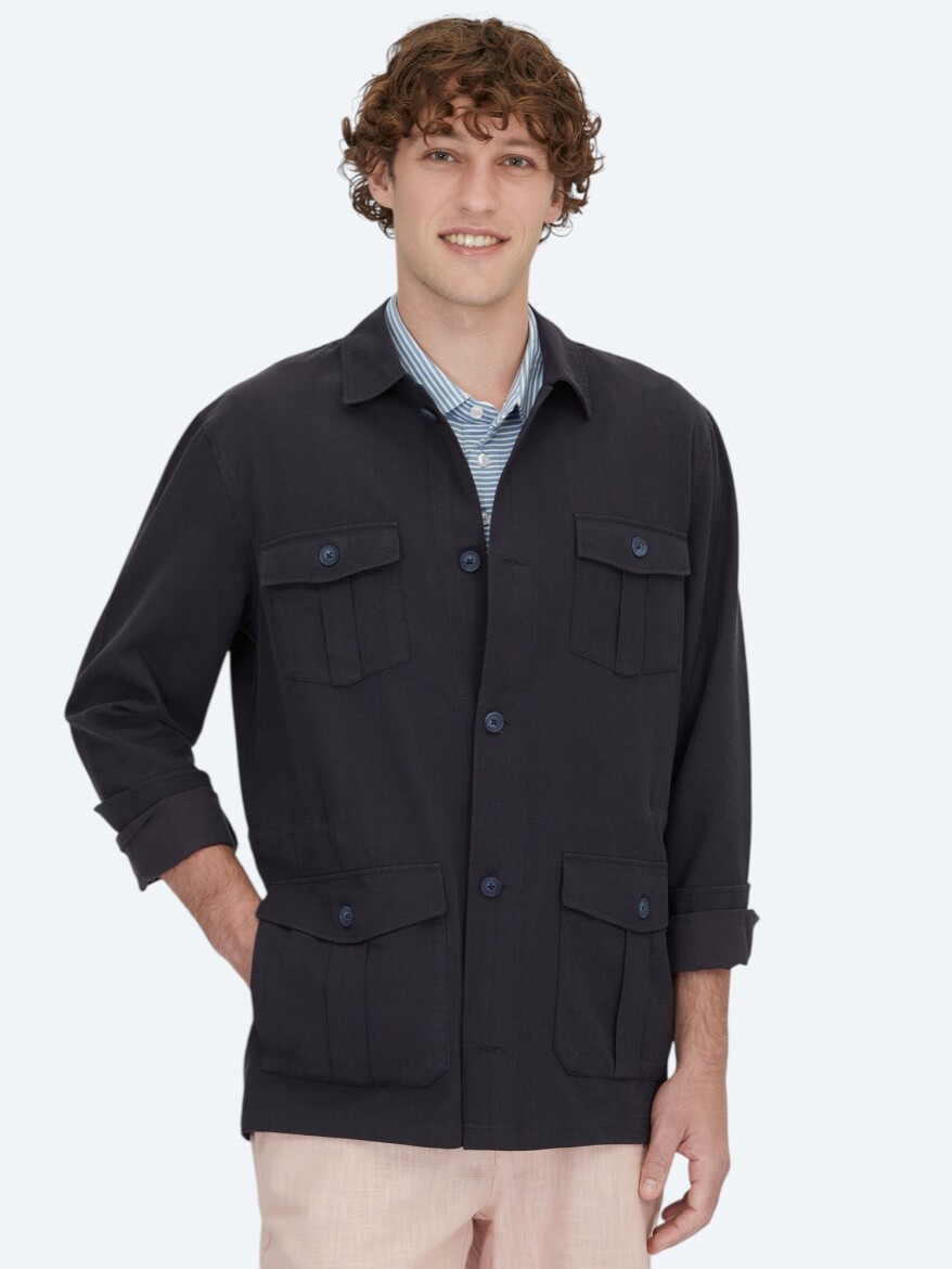 Lacivert Oversize Fit Uzun Dokuma Pamuk Karışımlı Overshırt - 3