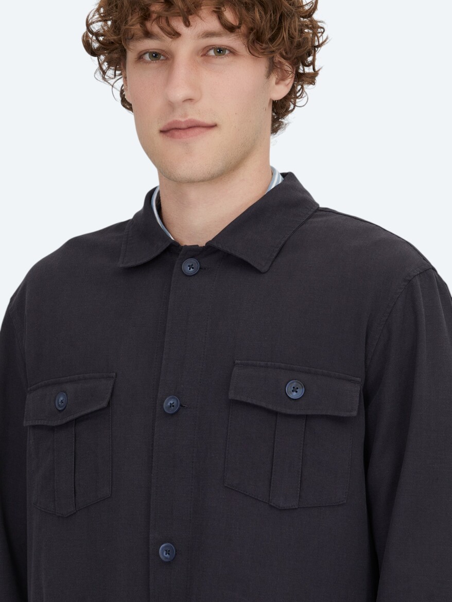 Lacivert Oversize Fit Uzun Dokuma Pamuk Karışımlı Overshırt - 4