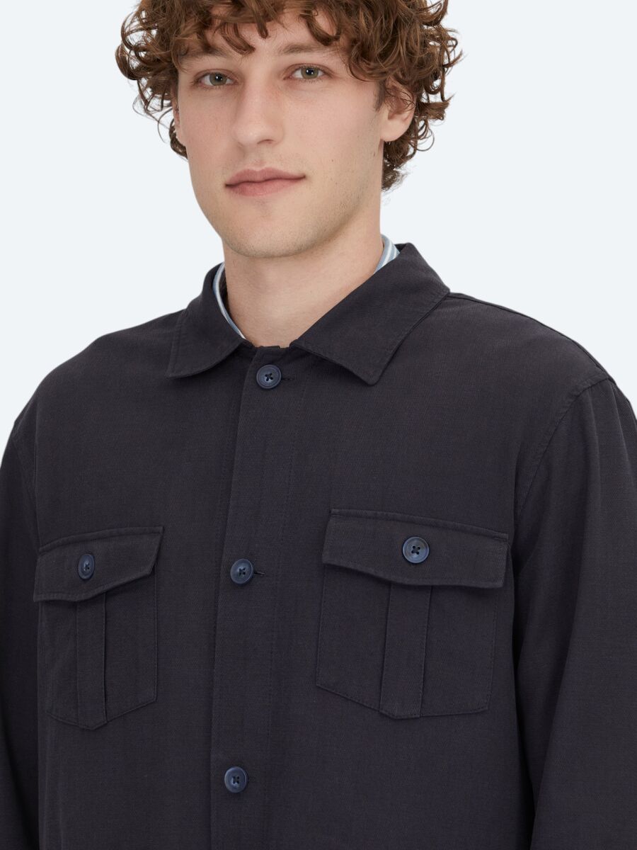 Lacivert Oversize Fit Uzun Dokuma Pamuk Karışımlı Overshırt - 4