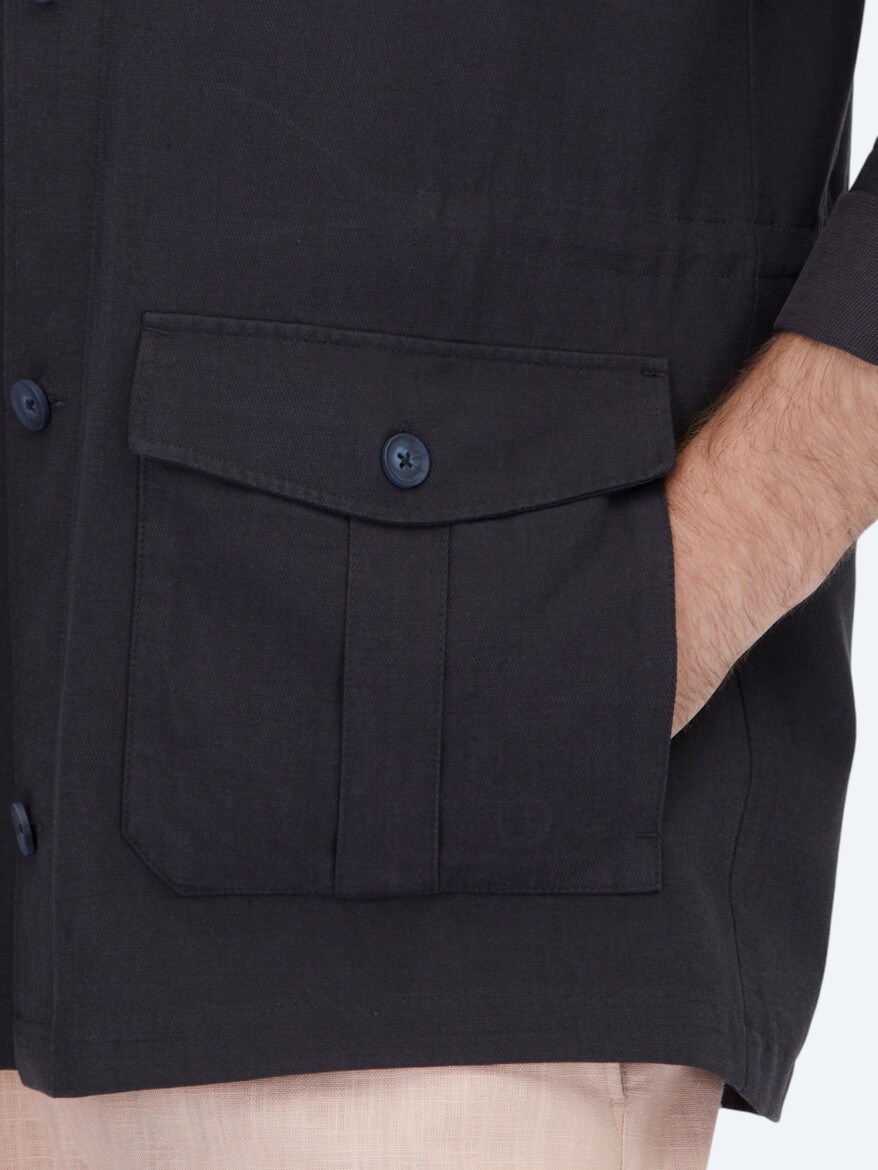 Lacivert Oversize Fit Uzun Dokuma Pamuk Karışımlı Overshırt - 5