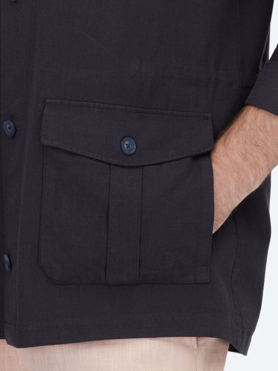 Lacivert Oversize Fit Uzun Dokuma Pamuk Karışımlı Overshırt - 5