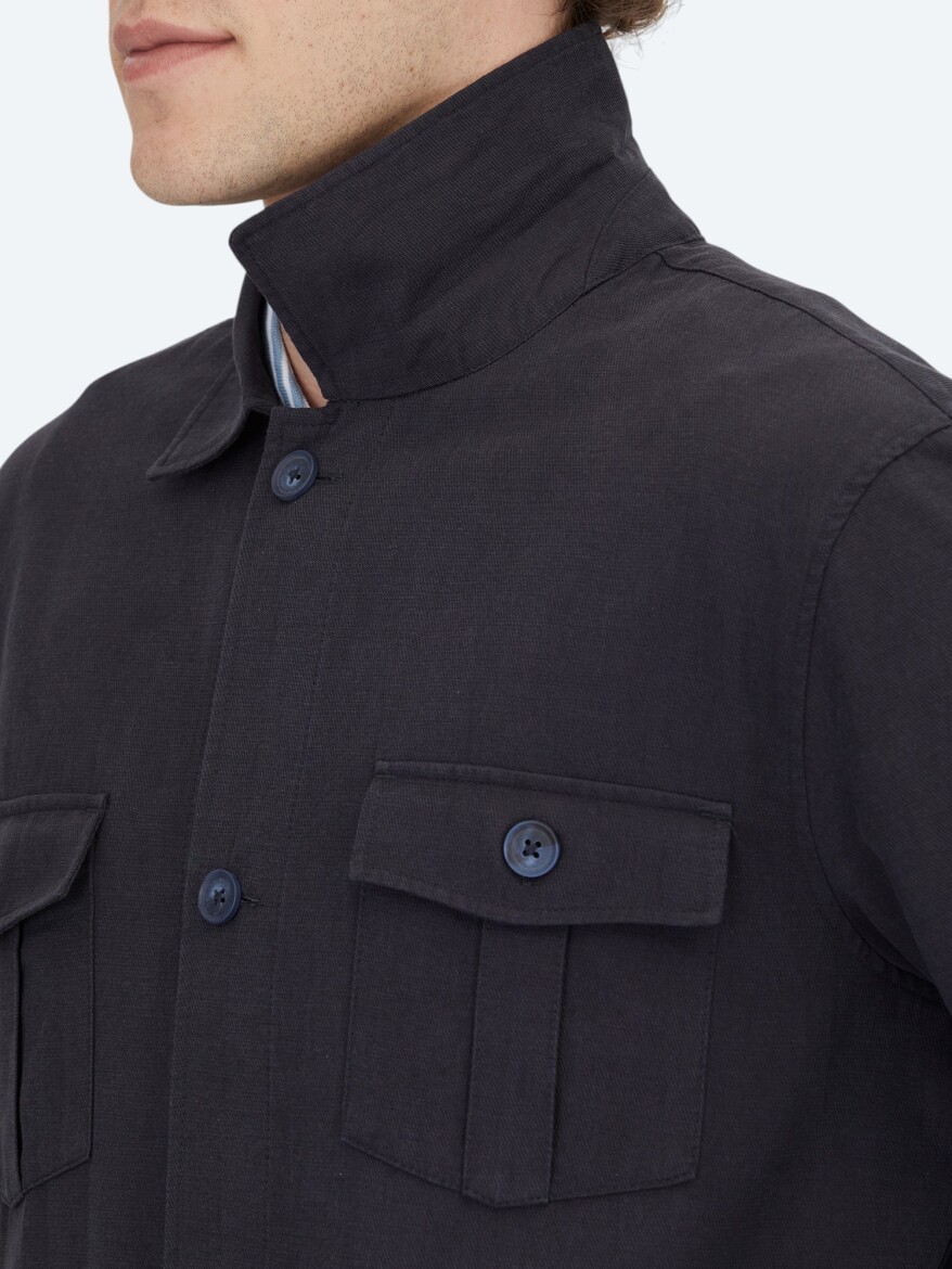 Lacivert Oversize Fit Uzun Dokuma Pamuk Karışımlı Overshırt - 6