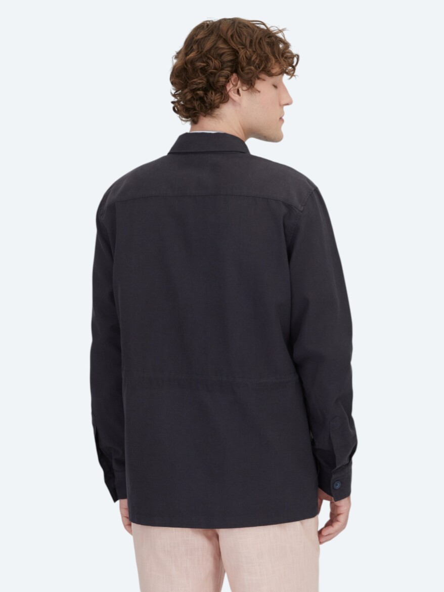 Lacivert Oversize Fit Uzun Dokuma Pamuk Karışımlı Overshırt - 7