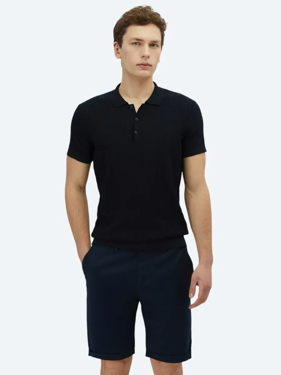 Lacivert Polo Yaka Desenli Triko - 1