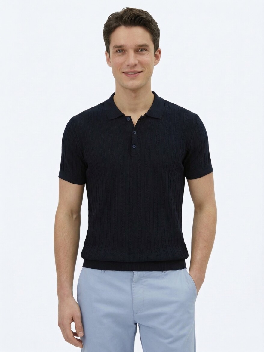 Lacivert Polo Yaka Desenli Triko - 3