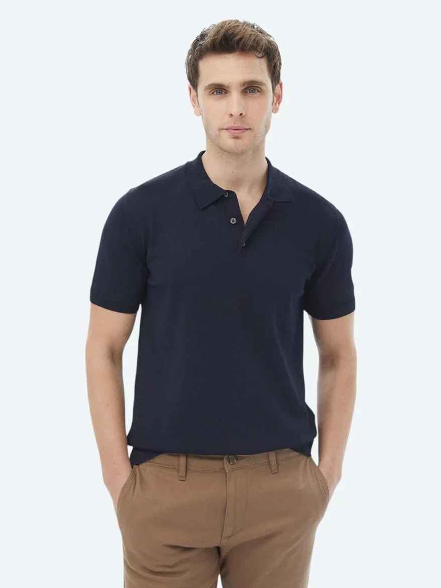 Lacivert Polo Yaka Düz Örgü Triko - 1